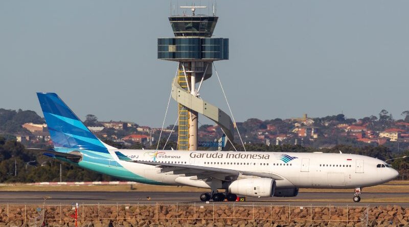 Sydney, Australia - October 9, 2013: Garuda Indonesia Airlines Airbus A330 airliner taking off from Sydney Airport.