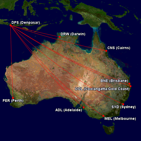 Routes served from Australia to Denpasar (Bali)