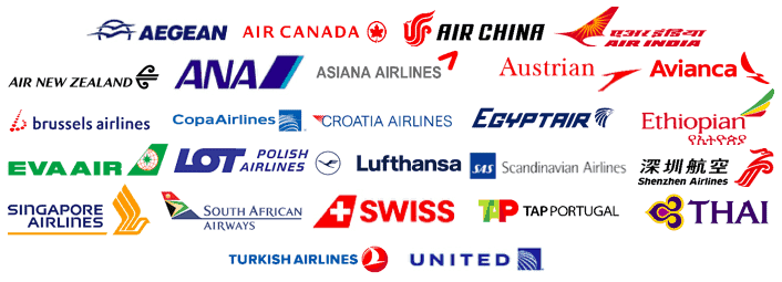 Star Alliance airlines: Aegean, Air Canada, Air China, Air India, Air New Zealand, ANA, Asiana, Austrian, Avianca, Brussels Airlines, Copa Airlines, Croatia Airlines, EgyptAir, Ethiopian, EVA Air, LOT, Lufthansa, SAS, Shenzhen Airlines, Singapore Airlines, South African Airways, Swiss, TAP, Thai Airways, Turkish Airlines, United