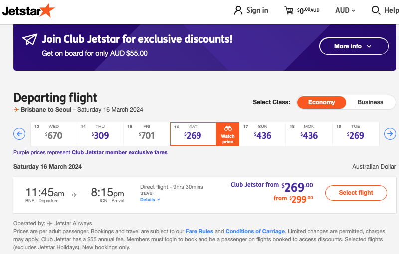 Club Jetstar pricing on the BNE-ICN route
