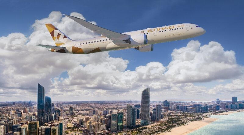 Etihad Airways 787 flying over Abu Dhabi