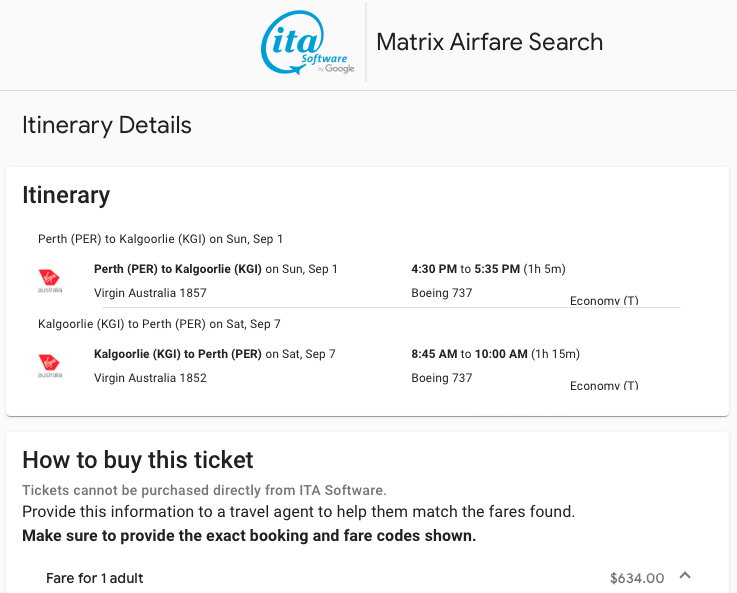ITA Matrix search results for PER-KGI on Virgin Australia