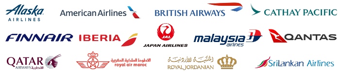 Oneworld airline logos: Alaska Airlines, American Airlines, British Airways, Cathay Pacific, Finnair, Iberia, JAL, Malaysia Airlines, Qantas, Qatar Airways, Royal Air Maroc, Royal Jordanian, SriLankan Airlines.