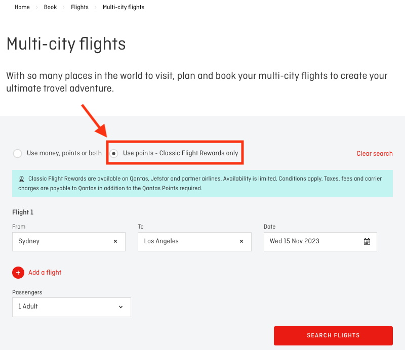 The Qantas multi-city tool can be used to search for reward seats