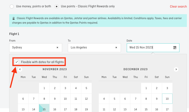 Qantas multi-city booking tool calendar