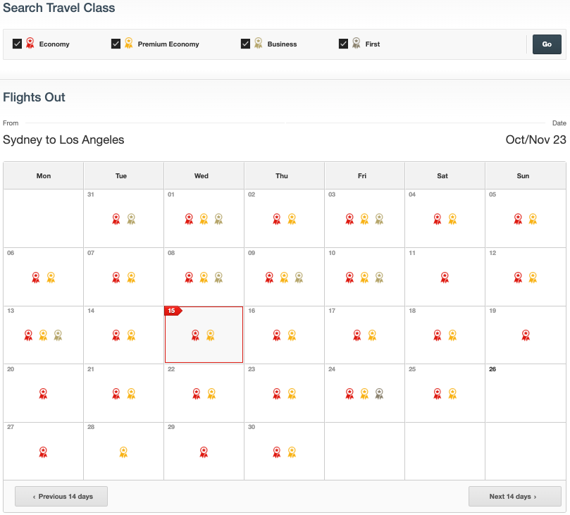 Qantas website availability calendar
