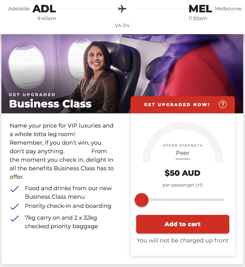 The minimum upgrade bid for an ADL-MEL flight on Virgin Australia is $50.