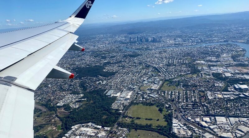 Taking off from Brisbane airport in an Air New Zealand A320