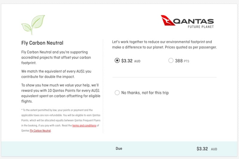 Fly Carbon Neutral option on Qantas booking website