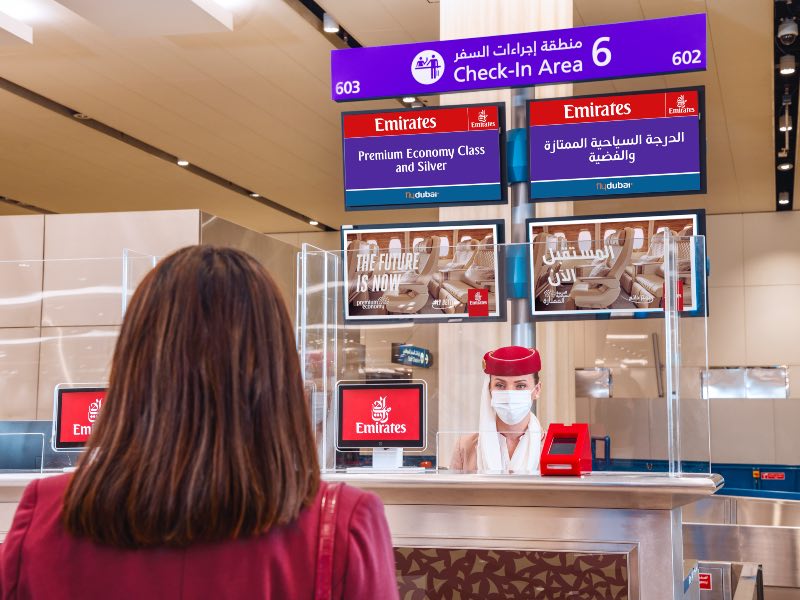 Emirates Premium Economy check-in counter in Dubai