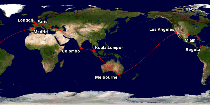 Sample Oneworld Award itinerary. Commencing in Melbourne, there are stopovers in Colombo, Paris, Madrid, Bogota and Los Angeles.