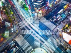Panoramic urban city aerial night view with crosstown traffic in ginza, tokyo, Japan