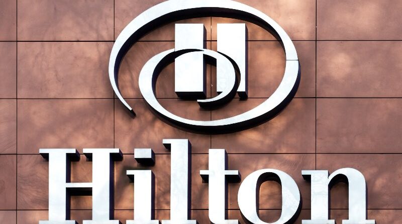 Frankfurt,Germany, 03/01/2020: The sign for a Hilton Hotel in Frankfurt. Hilton Hotels & Resorts is a global brand of full-service hotels and resorts and the flagship brand of Hilton.