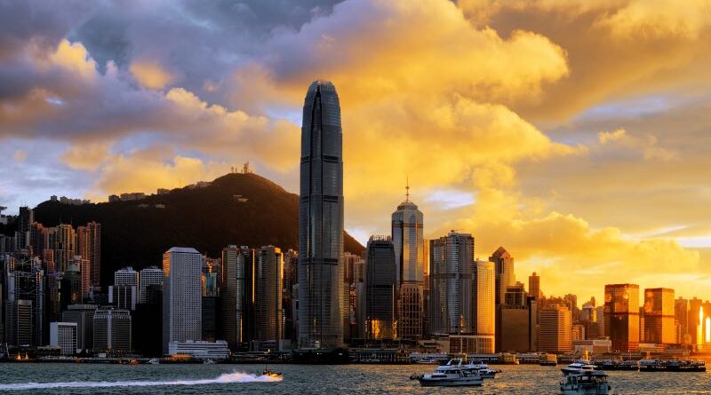 Skyline of Hong Kong at sunset