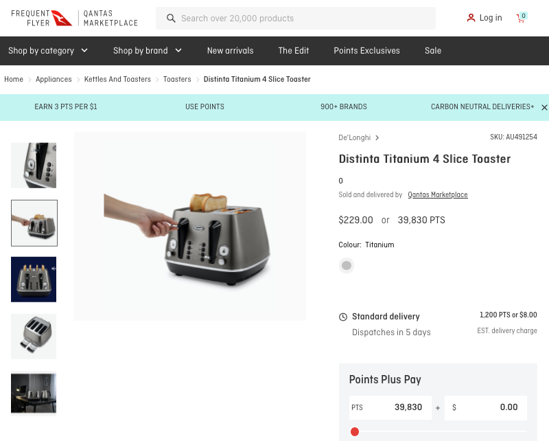 Toaster for sale on Qantas Marketplace