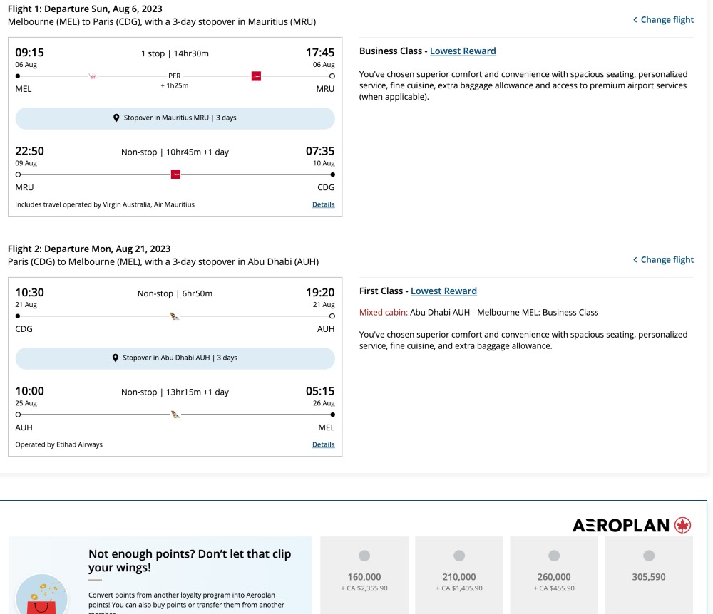 Example of an Aeroplan award itinerary from Melbourne to Paris. Screenshot from Air Canada website.