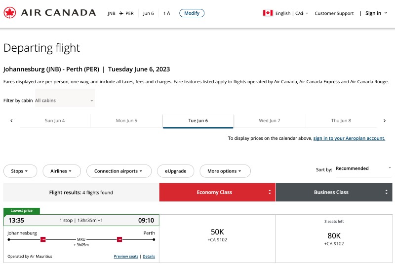 Screenshot from the Air Canada website.