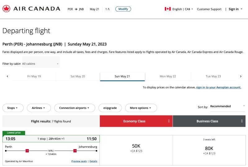 Screenshot from the Air Canada website.