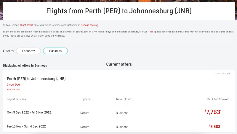 Qantas PER-JNB airfares in business class