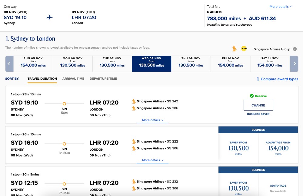 Singapore Airlines award availability SYD-LHR