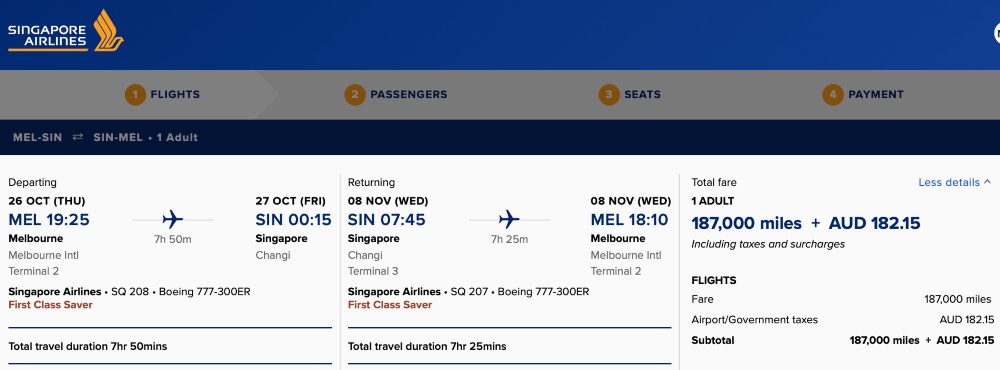 Cost of a Singapore Airlines MEL-SIN First Saver award