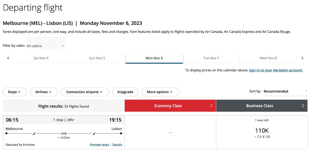 An Emirates Business Class award from Melbourne to Lisbon showing on the Air Canada website.