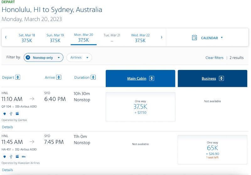 HNL-SYD award availability on the American Airlines website