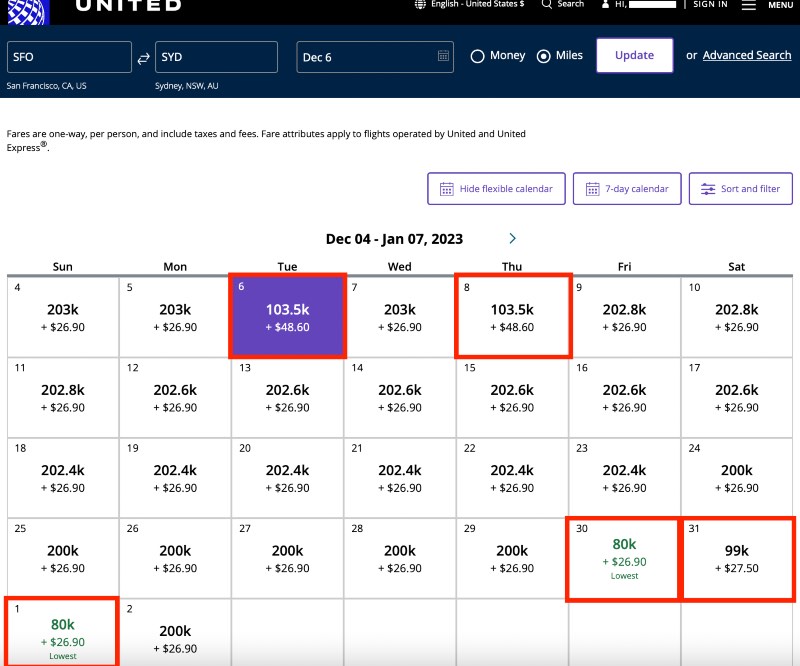 United website availability search SFO-SYD in December 2022