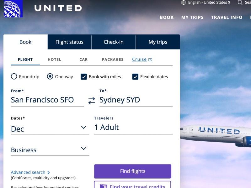 United Airlines website home page