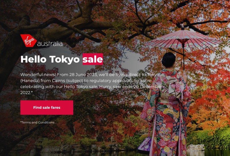 Virgin Australia is advertising sale fares to Tokyo on its website