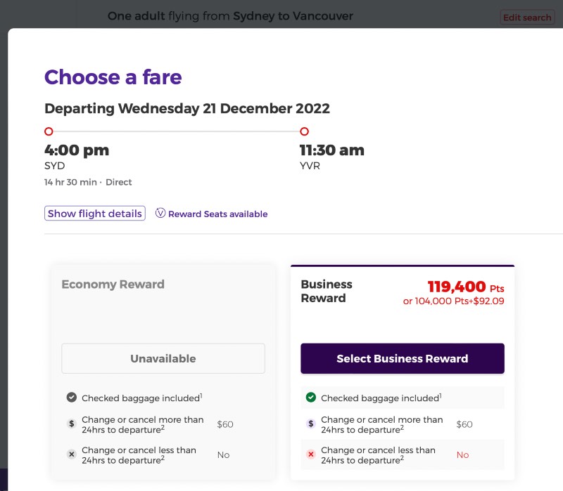 Velocity website screenshot showing 3 Business Class reward seats available on some Air Canada flights from Sydney Vancouver.