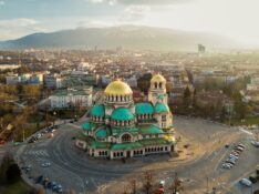 Aerial photography in the sunset by drone in Sofia, Bulgaria in the biggest Orthodox Cathedral Alexander Nevsky
