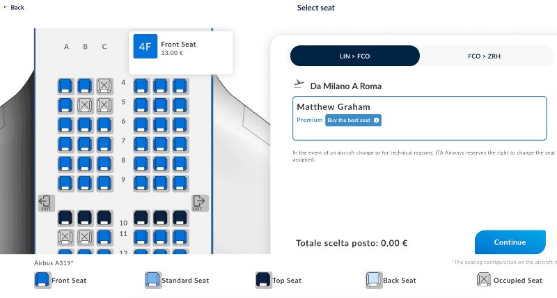 ITA Airways seat selection website screenshot
