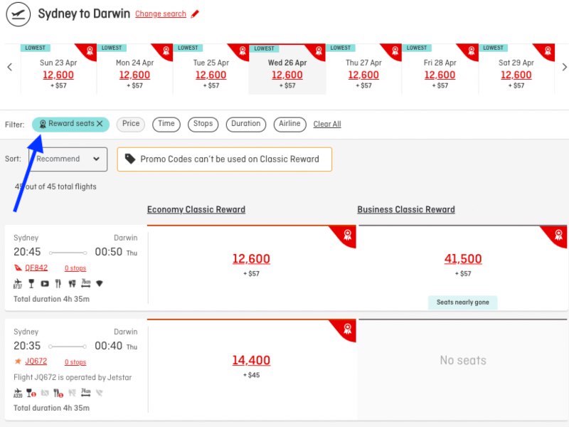 Qantas website screenshot SYD-DRW reward booking
