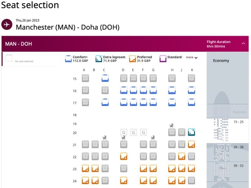 QR28 seat map on the Qatar Airways website
