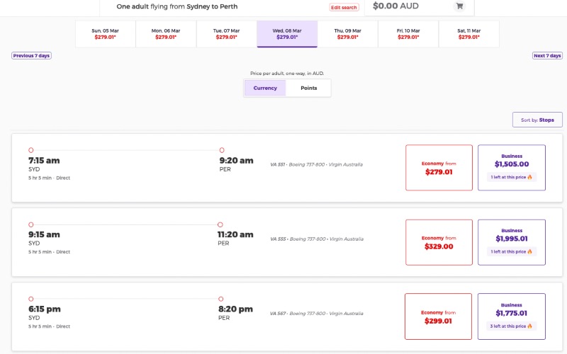 Airfares from Sydney to Perth on the Virgin Australia website