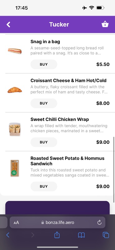 Food & drinks for purchase in the Bonza app