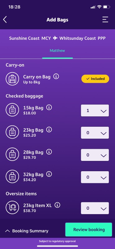 Purchasing baggage in the Bonza app