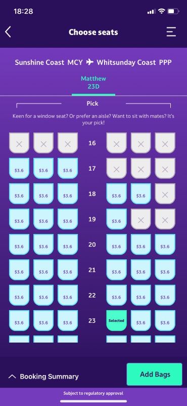 Seat selection in the Bonza app