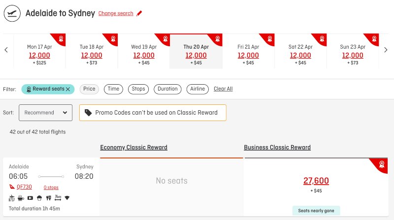 Qantas Classic Flight Reward availability ADL-SYD