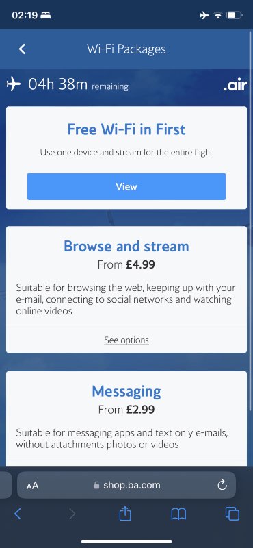 British Airways offers in-flight wifi for a fee
