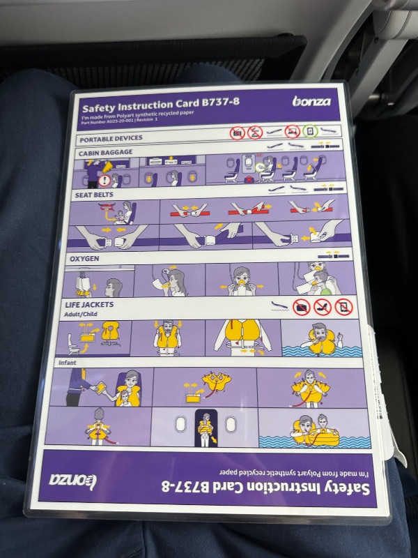 Safety instruction card on Bonza's Boeing 737-8 MAX