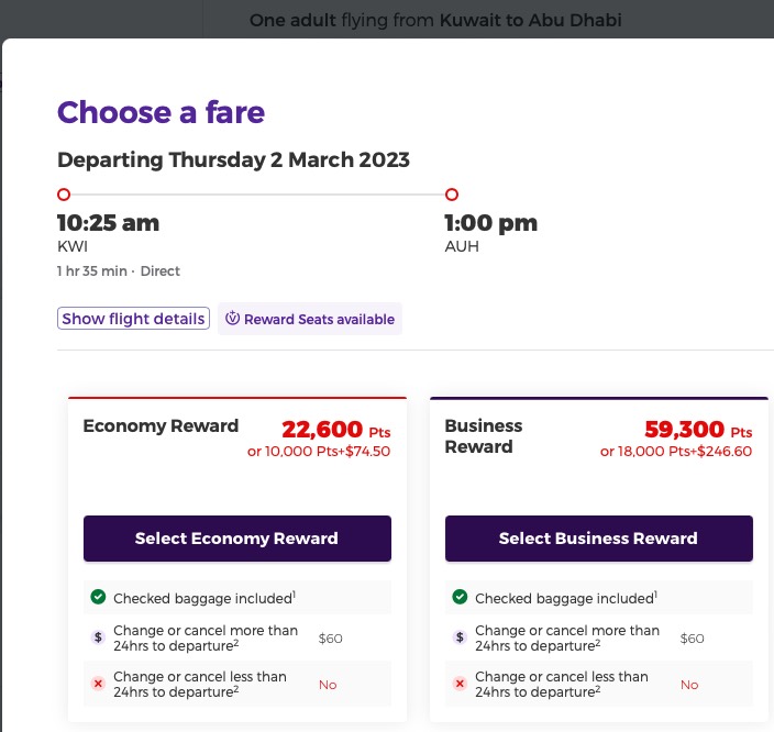 An Etihad KWI-AUH flight available to book with Velocity points on the Virgin Australia website.