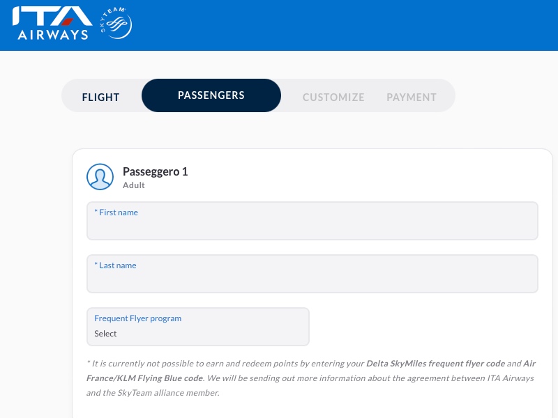 ITA Airways website screenshot