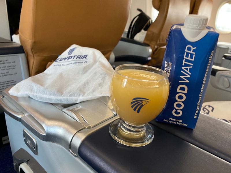 Noise cancelling headphones, water and a glass of guava juice were offered before takeoff