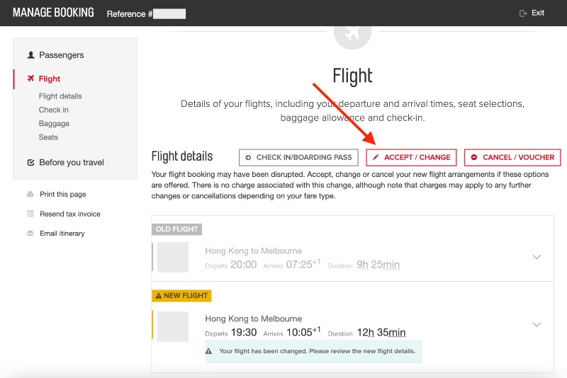 Qantas Manage Booking page - accept or change booking modification