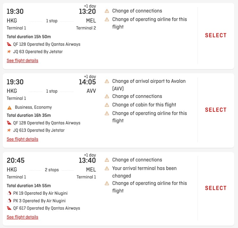 Alternative flights offered by Qantas website