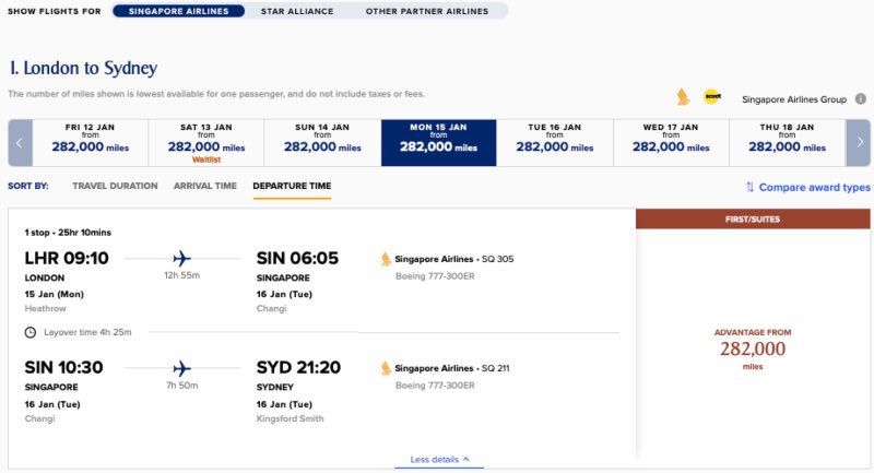 Singapore Airlines First Class award seats from London to Sydney on the Singapore Airlines website