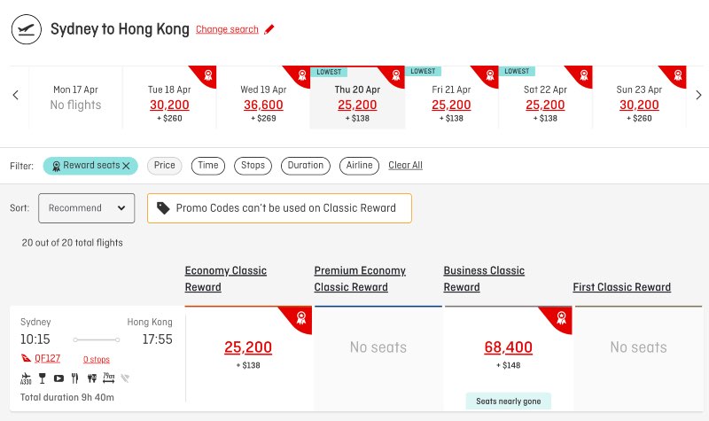 Qantas Classic Flight Reward availability SYD-HKG