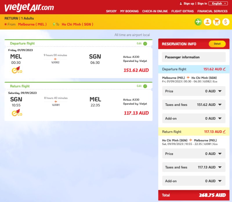 Example of a Melbourne-Ho Chi Minh City sale fare on the Vietjet Air website